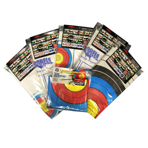 Assorted archery target faces on display, including 34x34 inch targets for field point practice, boosting aim, accuracy, and consistency.