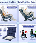 Graphic illustrating ergonomic benefits of all weather memory foam rocking chair cushion set navy blue with high back design.