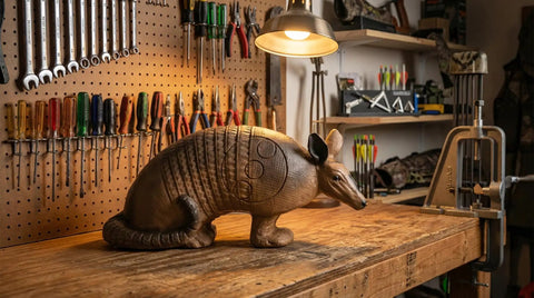Armadillo 3D Archery Target For Bow Practice Lifesize Realistic Foam Target With Easy Arrow Removal on workbench