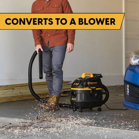Heavy Duty 5 Gallon Wet And Dry Shop Vac With Beast Series Motor Bringing No Nonsense Suction for cleanup in garage.