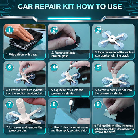 Instructions for Windshield Chip And Crack Repair Kit, 2 Piece Car Glass Repair Set With Nano Fluid, using UV or sun light.