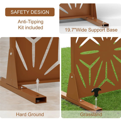 Close-up details of Sturdy Outdoor Privacy Screen With Stand 72 Inch Height By 44 Inch Width Brown Metal Fence Panels showing anti-tipping kit