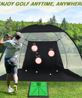 Man using 10x7Ft Golf Practice Net with Swing Mat for Backyard Driving and Indoor Training, durable golf hitting net setup.