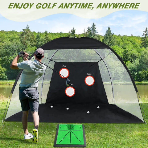 Man using 10x7Ft Golf Practice Net with Swing Mat for Backyard Driving and Indoor Training, durable golf hitting net setup.
