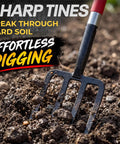Beefy Forged Steel Spading Fork With D Grip Handle 41 Inch Premium 4 Tine Digging Fork breaking through hard soil
