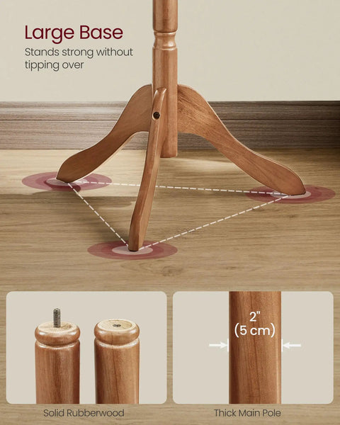 Solid Wood Coat Rack With Ten Hooks Free Standing Hall Tree with wide tri leg base and 2 inch thick pole in caramel brown