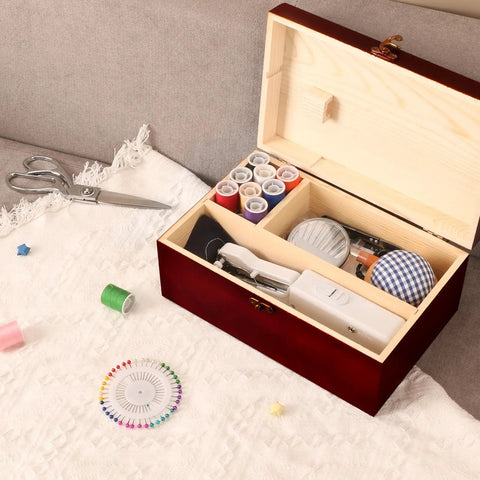 Handheld Sewing Machine With Elegant Wooden Box And 153 Piece Kit, Portable Cordless Mini Sewing Tool on white cloth
