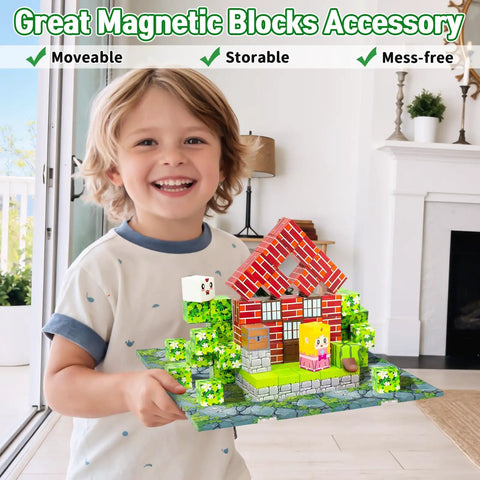 Child holding Dope Magnetic Base Plates Set For Minecraft Four Green 4x4 Base Boards Magnetic Building Blocks Foundation