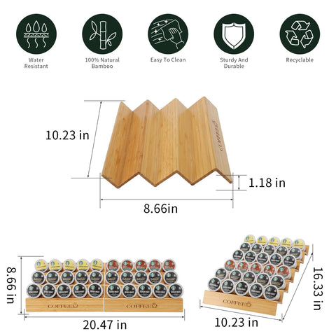 Step Shaped Bamboo K Cup Holder Duo For Your Coffee Station Drawer Or Countertop Organizer Holds 30 Pods Two Piece Set With 3 Tiers For Easy Access And Clutter Free Counter Space Eco Friendly Durable Build showing dimensions and structure