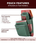 OxyLights 3 Pouch Pro Fastener Bag Left Hand Green Built For Framing And Carpentry With 9 Pockets And Tool Holders Perfect For Pros
