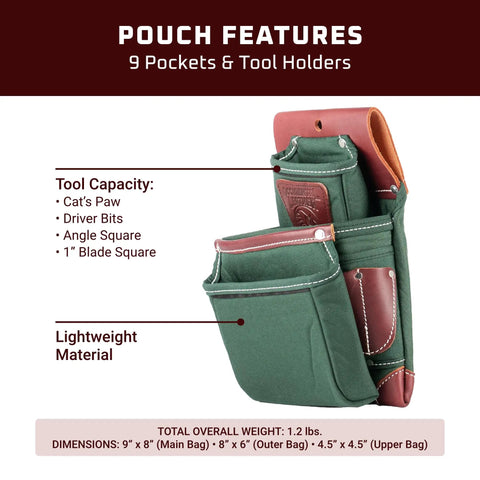 OxyLights 3 Pouch Pro Fastener Bag Left Hand Green Built For Framing And Carpentry With 9 Pockets And Tool Holders Perfect For Pros