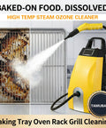 Heavy Duty Commercial Steam Cleaner High Temp Industrial Pressure Washer Kitchen Car Detailing Chemical Free Professional Cleaning Tool 2500 Watt cleaning an oven rack with steam.