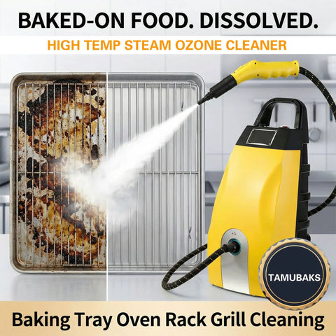 Heavy Duty Commercial Steam Cleaner High Temp Industrial Pressure Washer Kitchen Car Detailing Chemical Free Professional Cleaning Tool 2500 Watt cleaning an oven rack with steam.