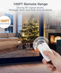 Remote Control Outlet Wireless Light Switch for Lamps and Fans demonstrating 100ft RF range in living room setting with remote in hand.