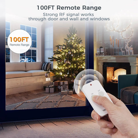 Remote Control Outlet Wireless Light Switch for Lamps and Fans demonstrating 100ft RF range in living room setting with remote in hand.