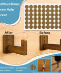Screw hole stickers for Rugged Wood Surfboard Wall Rack for Indoor or Outdoor Use; wooden design with before and after use.