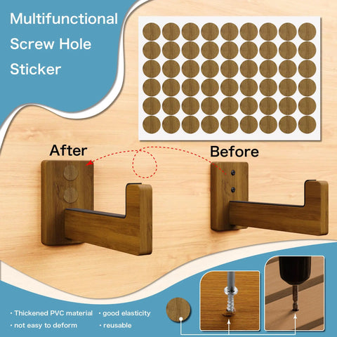 Screw hole stickers for Rugged Wood Surfboard Wall Rack for Indoor or Outdoor Use; wooden design with before and after use.