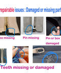 Examples of unrepairable zipper issues: missing box and pin, damaged teeth shown for zipper pulls and sliders.