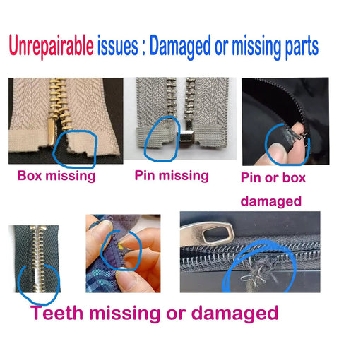 Examples of unrepairable zipper issues: missing box and pin, damaged teeth shown for zipper pulls and sliders.