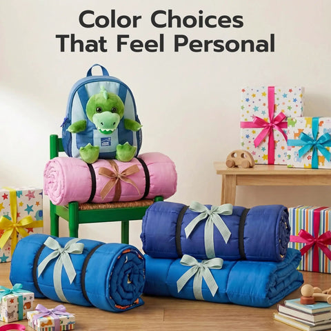 Colorful Toddler Nap Mat With Removable Pillow And Minky Blanket 55 By 30 Inches for Ages 3 To 6, Rolled and Tied with Bows