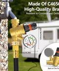 RV water pressure regulator front view with colorful gauge, brass body, hand-adjustable knob and inlet screen filter