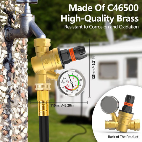 RV water pressure regulator front view with colorful gauge, brass body, hand-adjustable knob and inlet screen filter