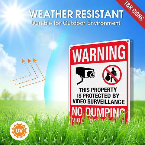 Heavy Duty No Dumping And Video Surveillance Warning Signs 2 Pack 14 X 10 Inch Reflective Aluminum Plate for outdoor use against trespassers.