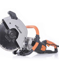 Electric 12 Inch Concrete Saw With 4.5 Inch Cutting Depth And 15 Amp Motor No Gas Demolition Tool That Rips Through Masonry Diamond Masonry Blade Included For Masonry Brick Stone Projects shown from side view with orange handles and black motor housing.