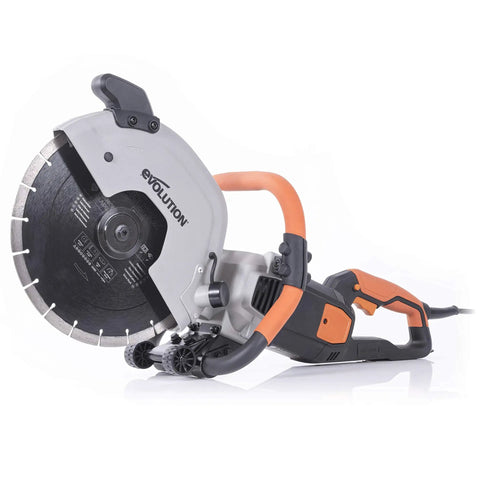 Electric 12 Inch Concrete Saw With 4.5 Inch Cutting Depth And 15 Amp Motor No Gas Demolition Tool That Rips Through Masonry Diamond Masonry Blade Included For Masonry Brick Stone Projects shown from side view with orange handles and black motor housing.