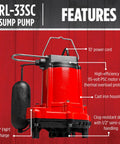 One Third HP Submersible Sump Pump With Snap Action Float Switch, 115 Volt, Cast Iron Body, 3420 GPH displayed with features