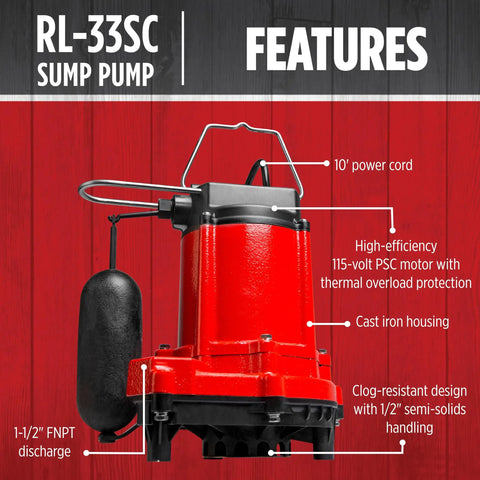 One Third HP Submersible Sump Pump With Snap Action Float Switch, 115 Volt, Cast Iron Body, 3420 GPH displayed with features