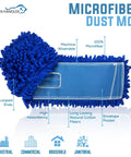 36 Inch Microfiber Dust Mop Head Replacement Bulk Pack Of 12 Large Washable Commercial Mop Heads For Heavy Duty Floor Cleaning Janitorial Supplies Blue shown with labeled features, including machine washable and looped ends.