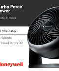 Front view of TurboForce Air Circulator Table Fan with 3 speeds and 90-degree pivot, compact design shown on packaging.