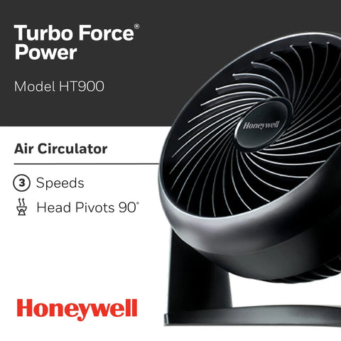 Front view of TurboForce Air Circulator Table Fan with 3 speeds and 90-degree pivot, compact design shown on packaging.