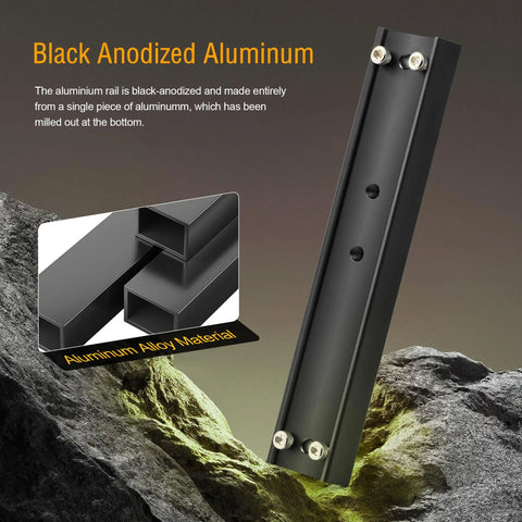 21cm GP Prism Rail For Telescopes, Universal Aluminum Mounting Rail, black anodized aluminum on rocky surface background