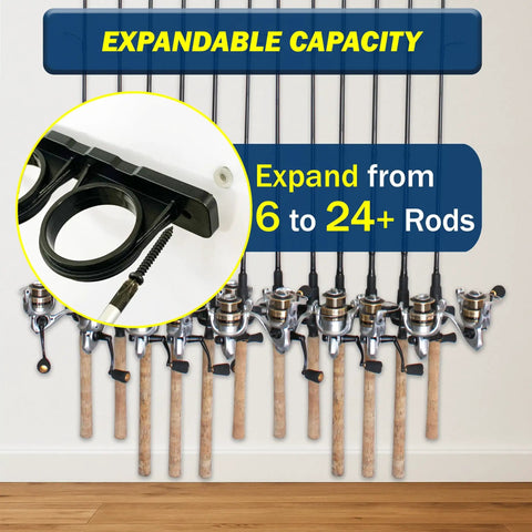 Ceiling Mounted Fishing Rod Holder Rack For Six Rods With Two Horizontal Slots Easy Install Garage Organization And Wall Storage For Reels And Gear Fits Most Rod And Reel Combos 0.12 To 0.75 Inch Diameters showing expandable capacity to 24 rods
