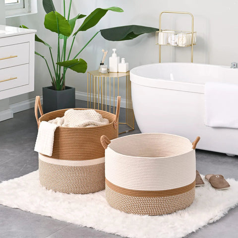 Large Cotton Rope Blanket Basket For Nursery And Living Room Storage Woven Laundry Hamper And Toy Chest 20 By 13 Inches White And Brown Durable Handmade Cotton Rope Basket That Holds Blankets Toys Pillows And Laundry Neatly In Any Room