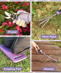Purple 10 Piece Heavy Duty Garden Tool Set With Tote Bag, All In One Gardening Kit For Women, Includes Hand Rake, Pruner, Weeder, Kneeling Pad