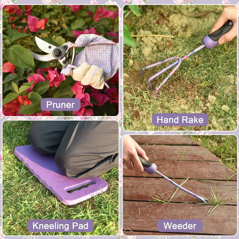 Purple 10 Piece Heavy Duty Garden Tool Set With Tote Bag, All In One Gardening Kit For Women, Includes Hand Rake, Pruner, Weeder, Kneeling Pad