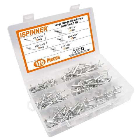 125 Piece Large Flange Aluminum Blind Rivet Set With Pop Rivets Assortment Kit For DIY Ready Heavy Duty Projects, Corrosion Resistant, Extra Thick Shaft For Strong Secure Hold, Silver in clear storage box