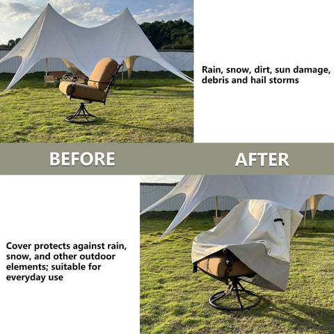 Outdoor Swivel Lounge Chair before and after using Weatherproof Heavy Duty Cover 2 Pack Fits 33W By 35D By 38 And A Half Inches High