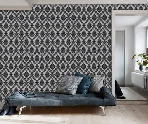 Dope Black Damask Peel And Stick Wallpaper For Walls And Furniture Self Adhesive Vinyl Contact Paper Removable Decorative Wall Covering Vintage Look Ideal For Cabinets Desks And Bedrooms in living room setting
