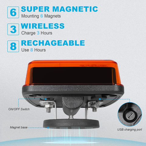 Rechargeable Wireless Magnetic Amber LED Flashing Lights For Vehicles Portable Strobe Hazard Beacons Emergency Warning Light