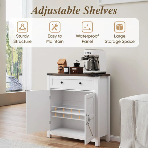 Farmhouse Style Sideboard Buffet Cabinet With Storage And Adjustable Shelf And Barn Door For Kitchen Dining Room Bathroom Entryway White With Ample Drawer And Two Door Cabinet To Organize Coffee Beans Spices And Everyday Essentials For Busy Kitchens