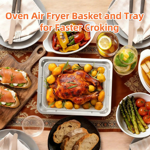 Replacement Air Fryer Tray For TOA 60 65 70 And Similar Sized Convection Toaster Ovens on dining table with roasted chicken