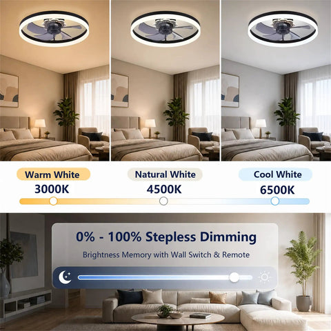 Smooth Breeze 20 Inch Ceiling Fan With Light And Remote Low Profile Flush Mount Dimmable Fandelier showcasing warm, natural, and cool white lighting options.