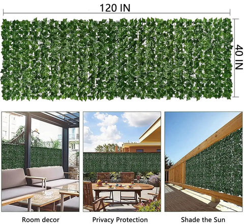 Realistic Ivy Privacy Fence Screen 120x40 Inch for Balcony Outdoor Decor with Faux Vines, hedge panels shown in patio and garden settings
