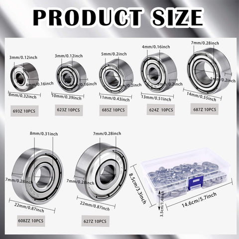 70-Piece Sealed Ball Bearing Assortment Kit 608ZZ 693ZZ 623ZZ 624ZZ 685ZZ 687ZZ 627ZZ with size chart and storage box