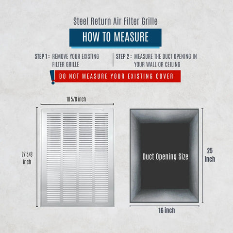 How to measure 16x25 duct opening for Fits 16x25 Duct Opening Return Air Grille With Filter Included And Removable Door Steel White Vent Cover 18 5/8 Inches Wide By 27 5/8 Inches High For Wall Or Ceiling.