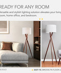 Table Lamp With Walnut Tripod Base And White Linen Drum Shade For Bedside, Home Office Or Living Room Decor, 29.5-Inch Tall